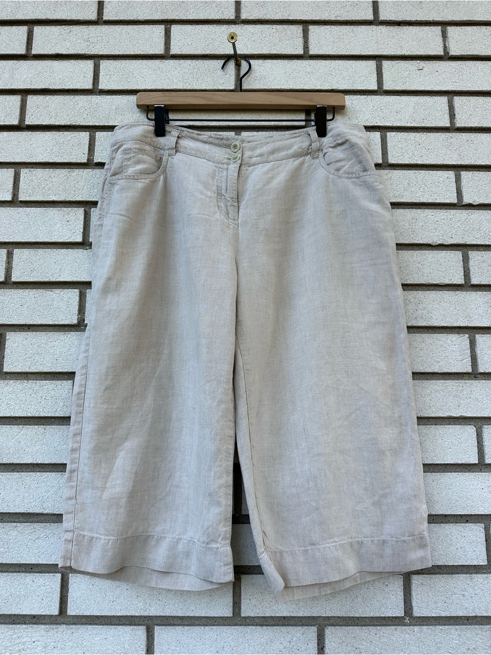 Eileen Fisher Petite L Oatmeal Organic Linen Cropped Wide Leg Pants Pockets